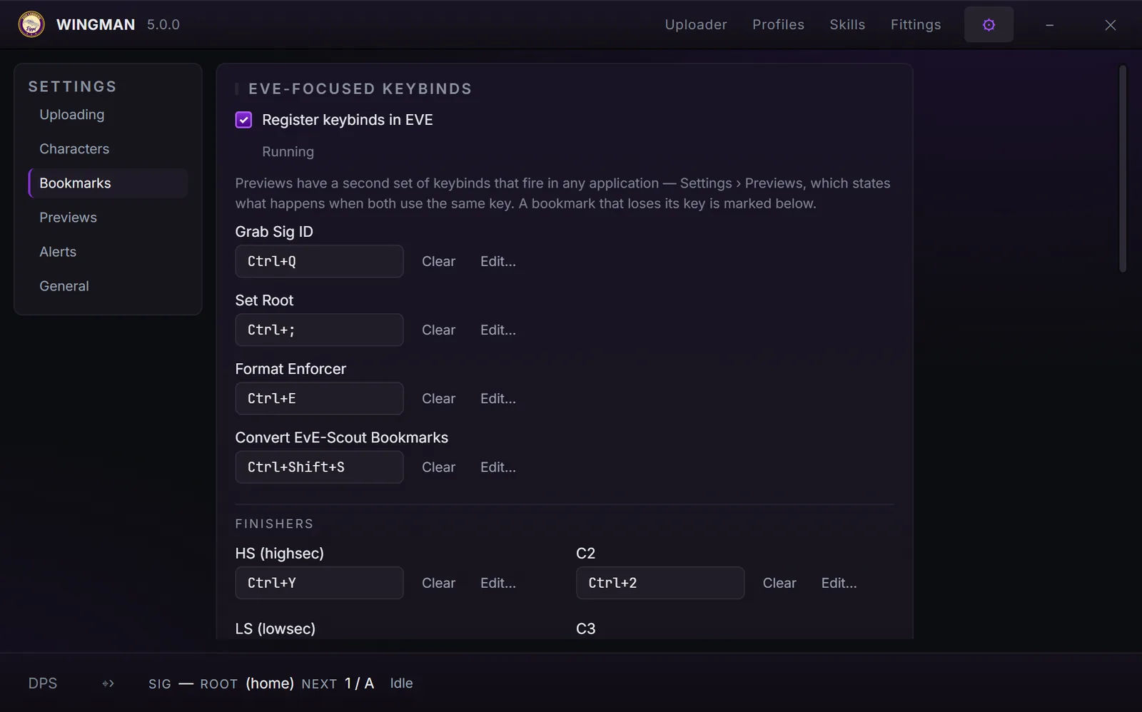 Wingman Bookmarks settings showing wormhole mapping keybinds such as Grab Sig ID and Set Root