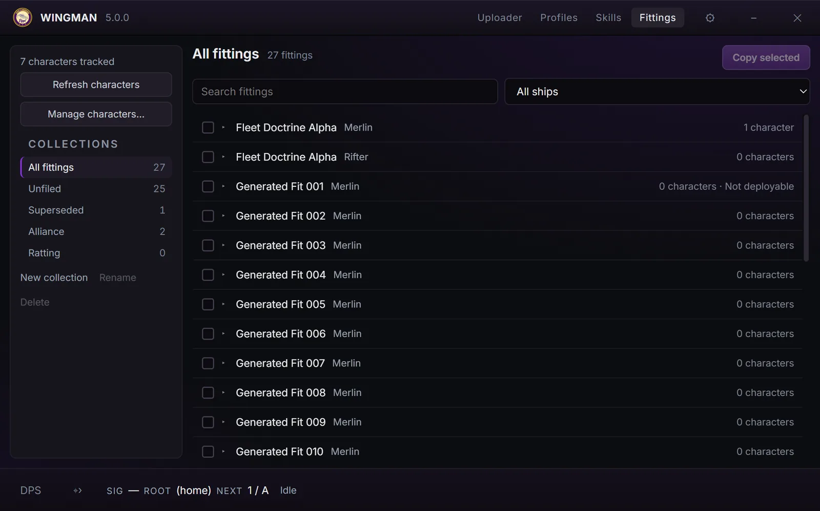 Wingman Fittings library showing collections beside a list of saved ship fits