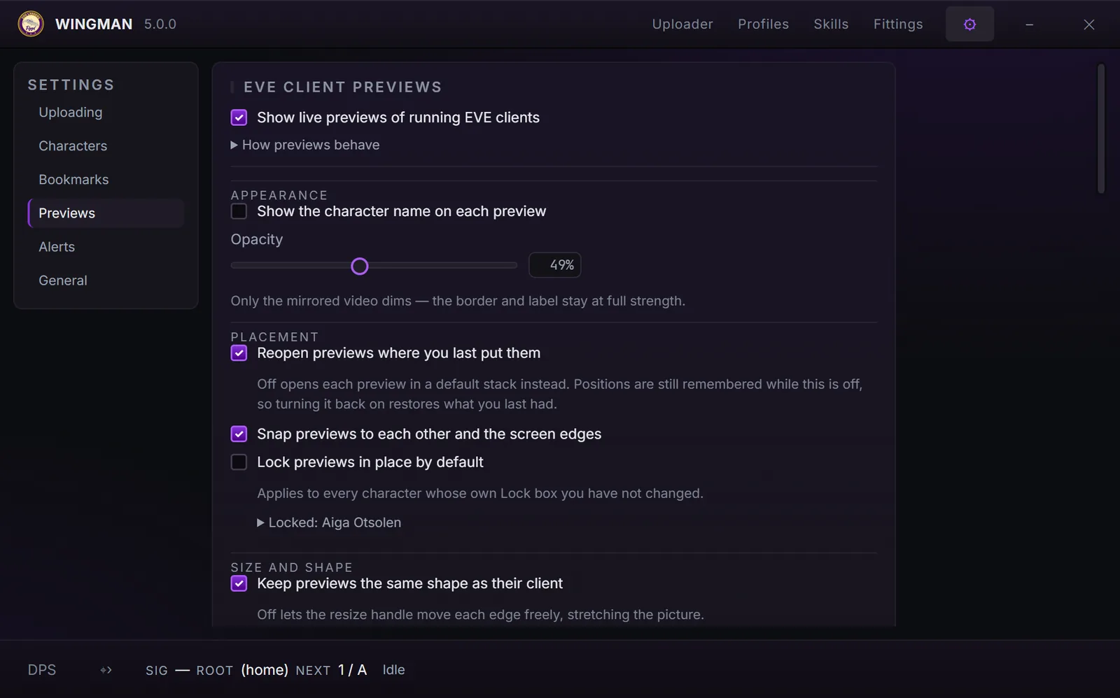 Wingman Previews settings showing appearance, opacity, placement, and shape options for EVE client previews