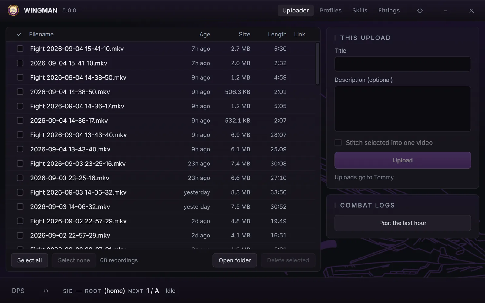 Wingman Uploader listing recorded fights with age, size, and length columns